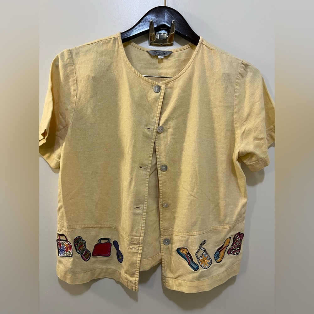 Stonebridge 100%Linen Womens Yellow Short Sleeve Button Down Beach Theme Size M
